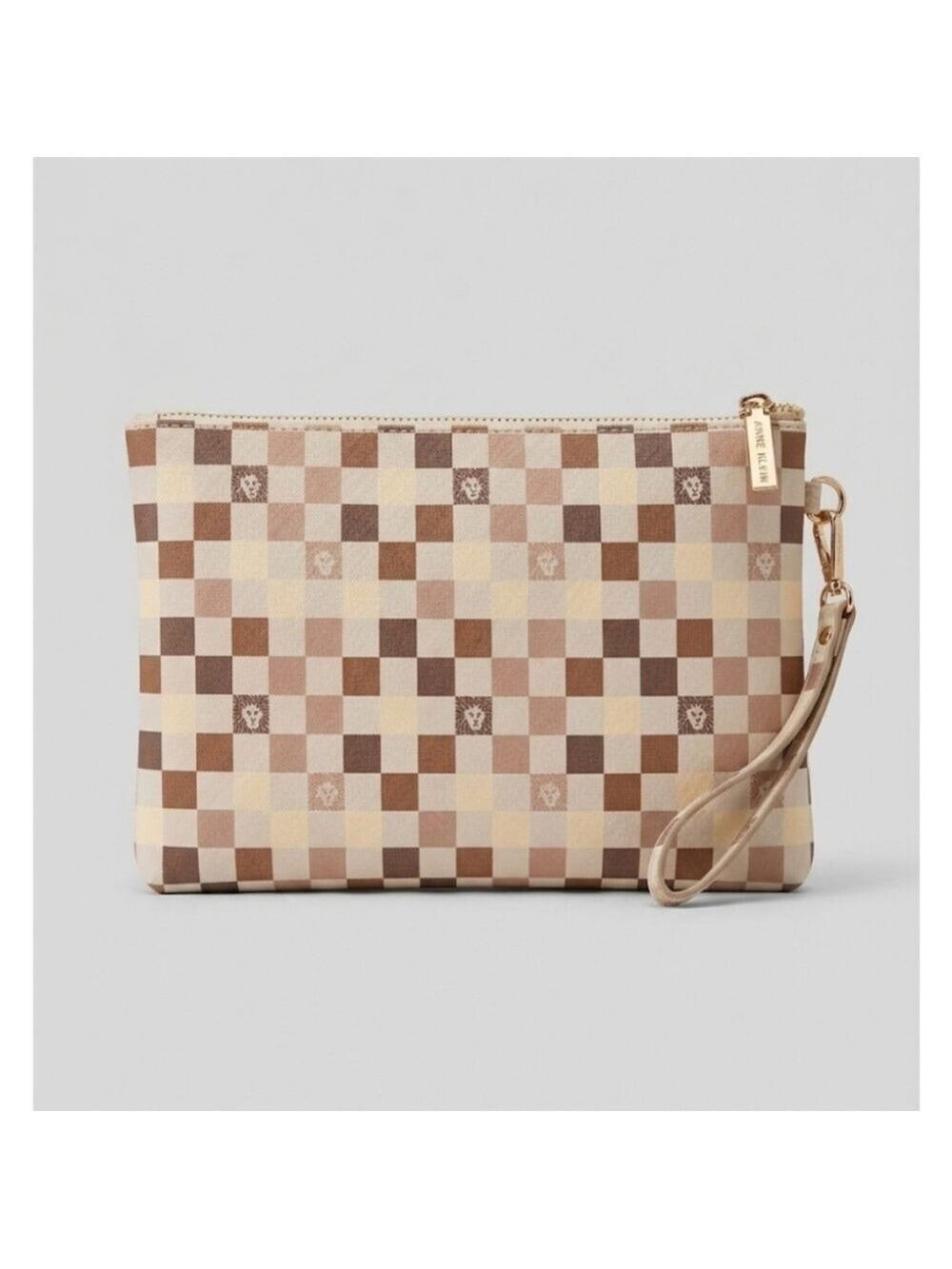 Anne Klein Wristlet Cream Brown Checkered Lion Logo